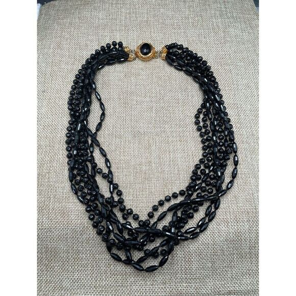 Vintage Multi Strand Plastic Black Beaded Necklace Retro Grandma - Picture 3 of 7